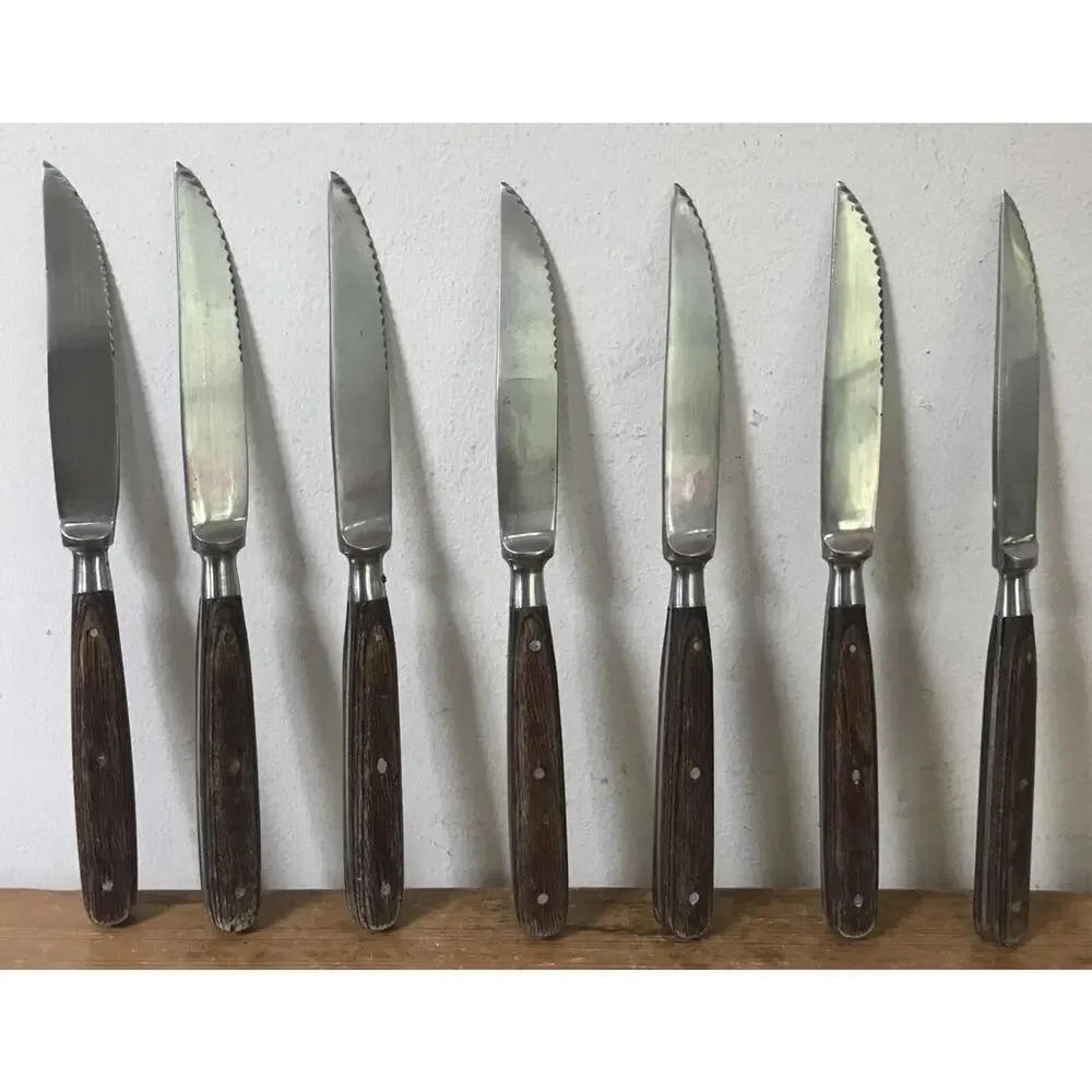 Set Lot 7 Vtg Mid Century Wood Wooden Handle Serrated Steak Knives 4.25” Blade
